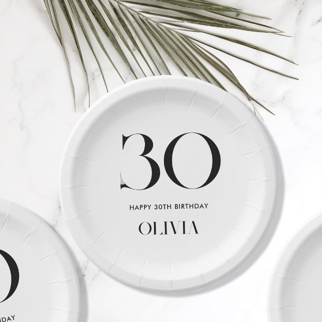 Modern Minimalist Black and White 30th Birthday Paper Plates (Creator Uploaded)