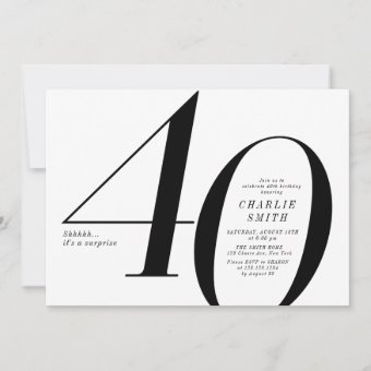 Modern Minimalist Black And White 40th Birthday Invitation | Zazzle