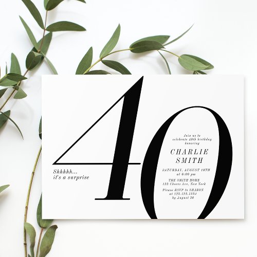 Modern minimalist black and white 40th birthday invitation