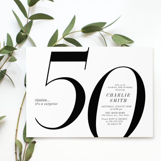 Modern minimalist black and white 50th birthday invitation