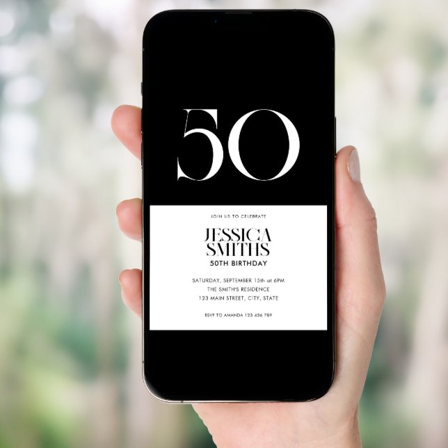 Modern Minimalist Black and White 50th Birthday Invitation (Front Digital)