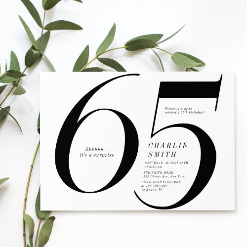 Modern minimalist black and white 65th birthday invitation