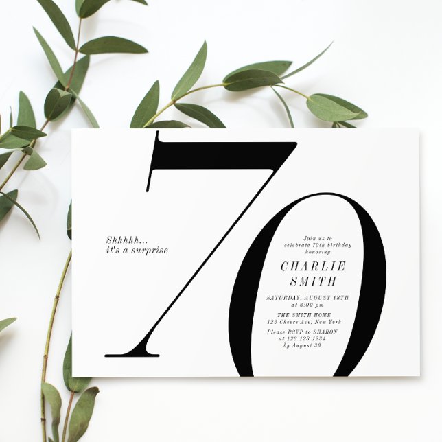 Modern minimalist black and white 70th birthday invitation