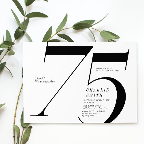 Modern minimalist black and white 75th birthday invitation