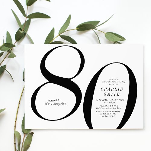 Modern minimalist black and white 80th birthday invitation