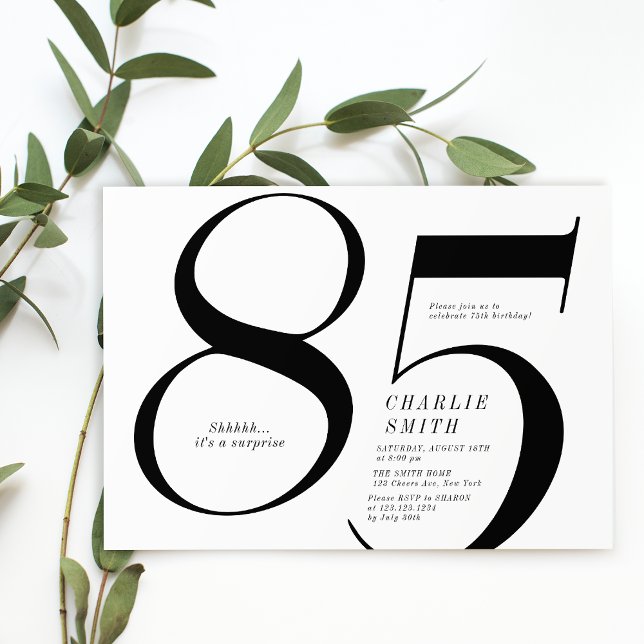 Modern minimalist black and white 85th birthday invitation (Modern minimalist black and white 85th birthday invitation)