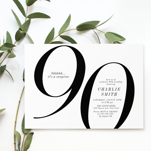 Modern minimalist black and white 90th birthday invitation