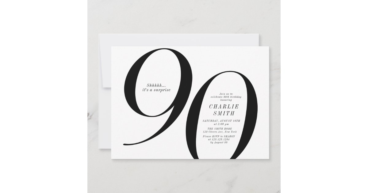 Modern minimalist black and white 90th birthday invitation Zazzle