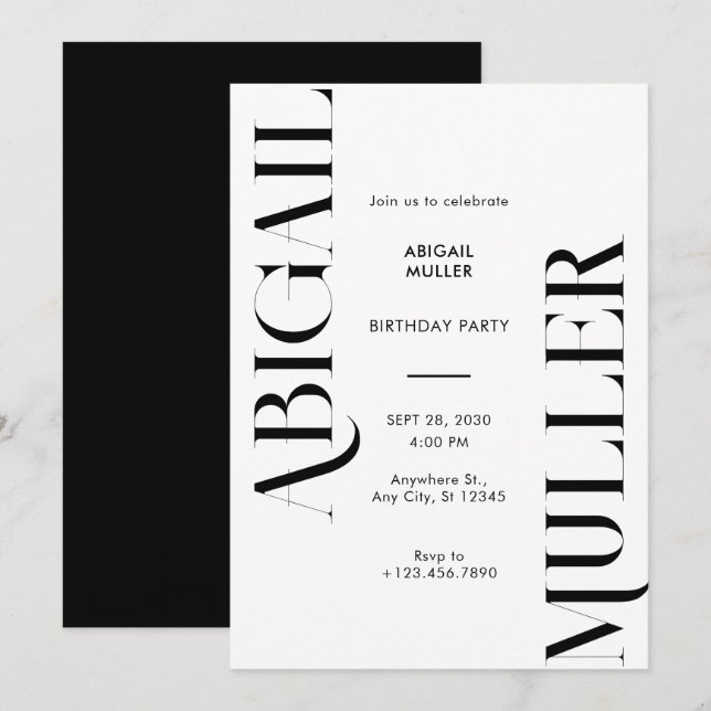 Modern Minimalist black and white Birthday Invitation (Front/Back)