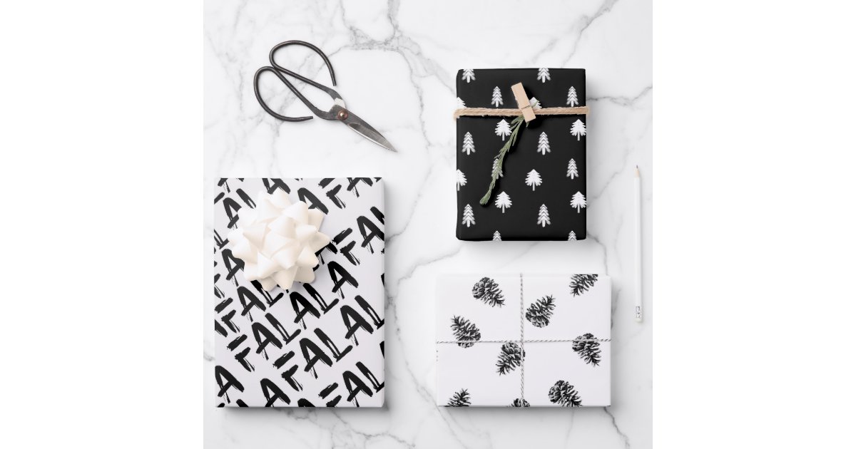 Double Sided Gift Wrapping Paper Roll - Holly Leaves & Black White