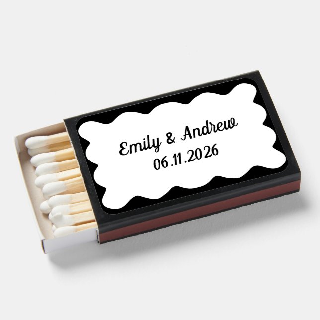 Modern Minimalist Black and White Custom Wedding Matchboxes (Front Open)