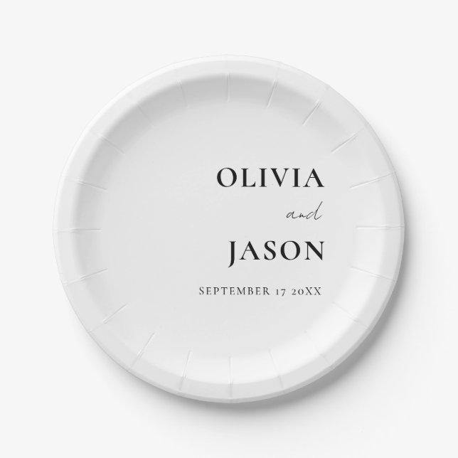 Modern Minimalist Black and White Custom Wedding Paper Plates (Front)