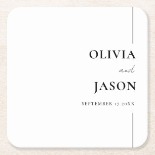 Modern Minimalist Black and White Custom Wedding Square Paper Coaster