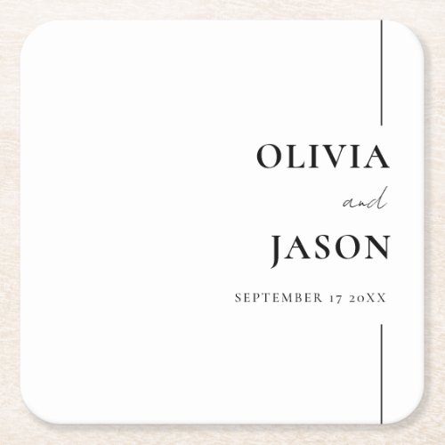 Modern Minimalist Black and White Custom Wedding Square Paper Coaster