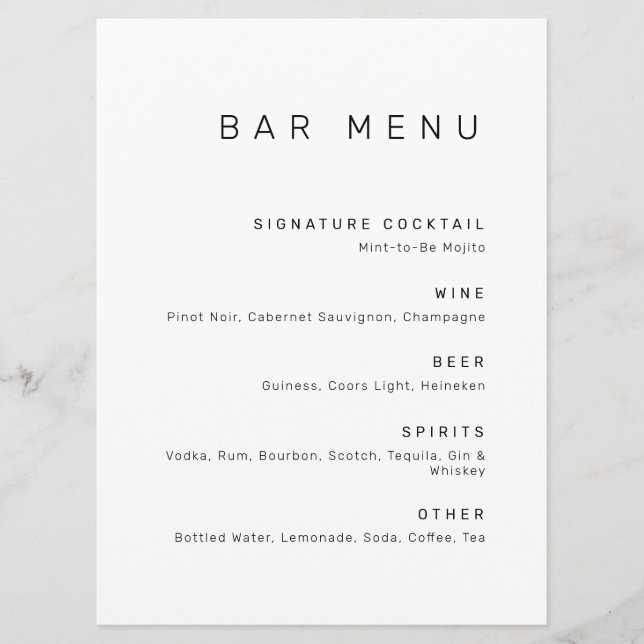 Modern Minimalist Black and White Drinks Bar Menu (Front)