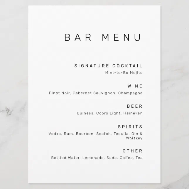 Modern Minimalist Black And White Drinks Bar Menu 