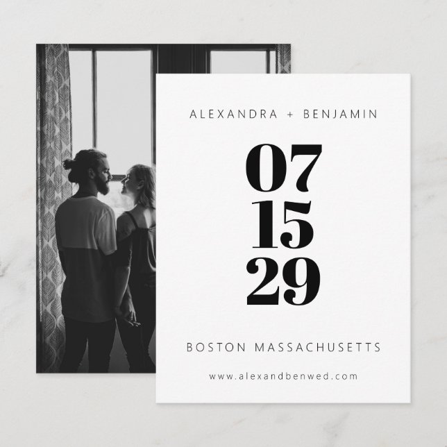Modern Minimalist Black and White Full Photo Save The Date (Front/Back)