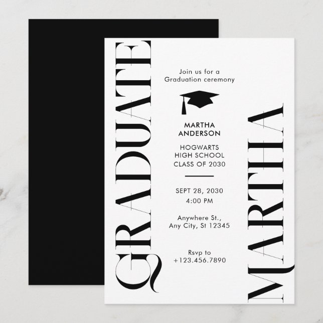 Modern Minimalist black and white Graduatioin Invitation (Front/Back)