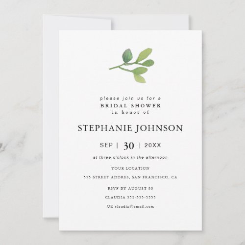 Modern Minimalist Black and White Greenery Bridal  Invitation
