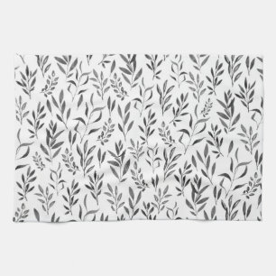 Modern Minimalist Black and White Leaves Kitchen Towel