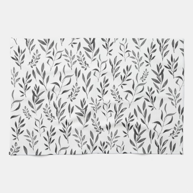 Modern Minimalist Black and White Leaves  Kitchen Towel (Horizontal)
