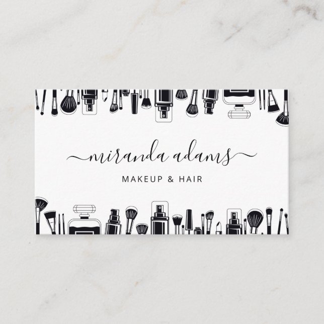 Modern Minimalist Black and White Makeup Artist Business Card (Front)