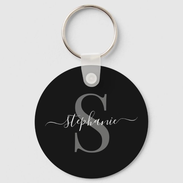 Modern Minimalist Black and White Monogram Initial Keychain (Front)