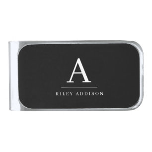 Modern Minimalist Black and White Monogram Silver Finish Money Clip