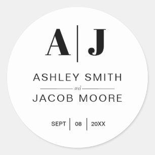 Modern Minimalist Black and White Monogram Wedding Classic Round Sticker