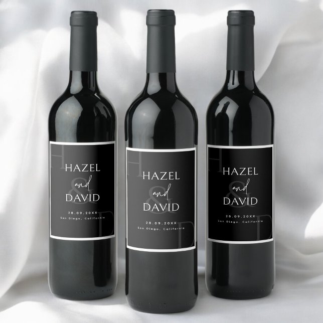 Modern Minimalist Black and White Monogram Wedding Wine Label (Creator Uploaded)