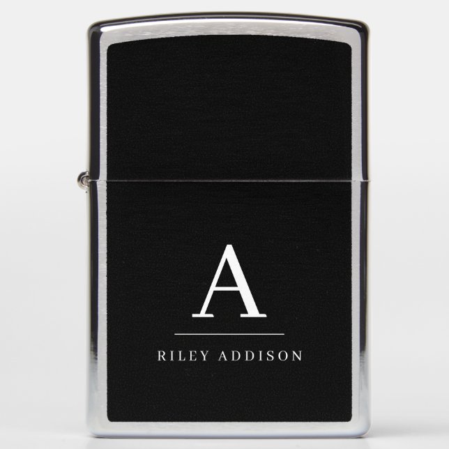 Modern Minimalist Black and White Monogram Zippo Lighter (Front)