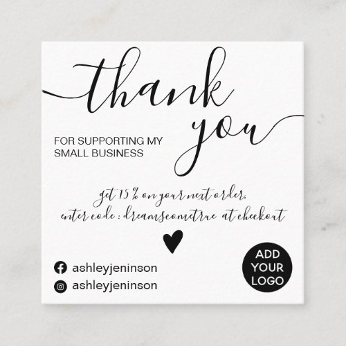 Modern minimalist black and white order thank you square business card