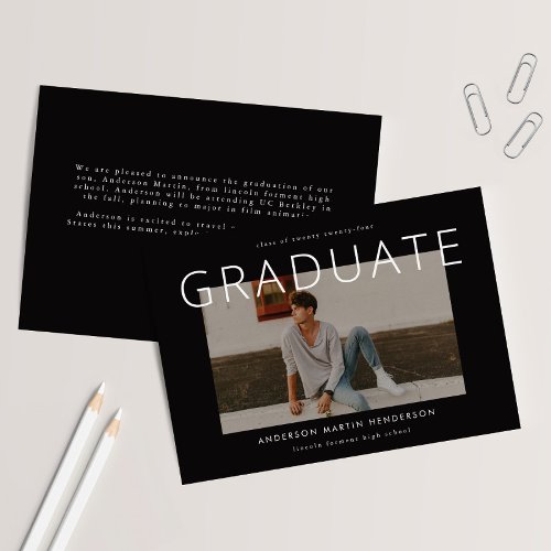 Modern Minimalist Black and White Photo Graduation Announcement