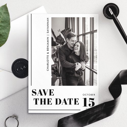 Modern Minimalist Black And White Photo Save The Date