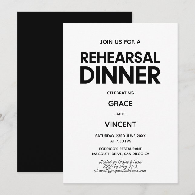Modern minimalist Black and white rehearsal dinner Invitation (Front/Back)