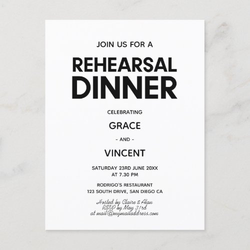 Modern minimalist Black and white rehearsal dinner Postcard