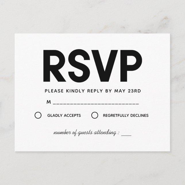 Modern minimalist Black and white RSVP Postcard (Front)