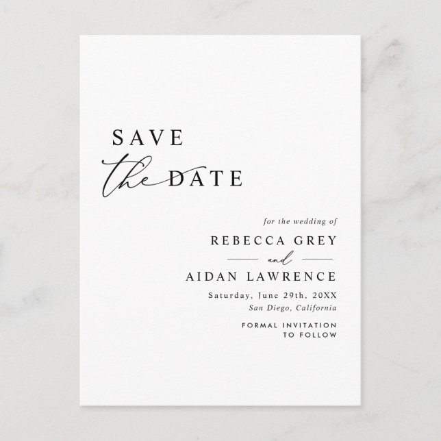 Modern Minimalist Black and White Save the Date Postcard (Front)