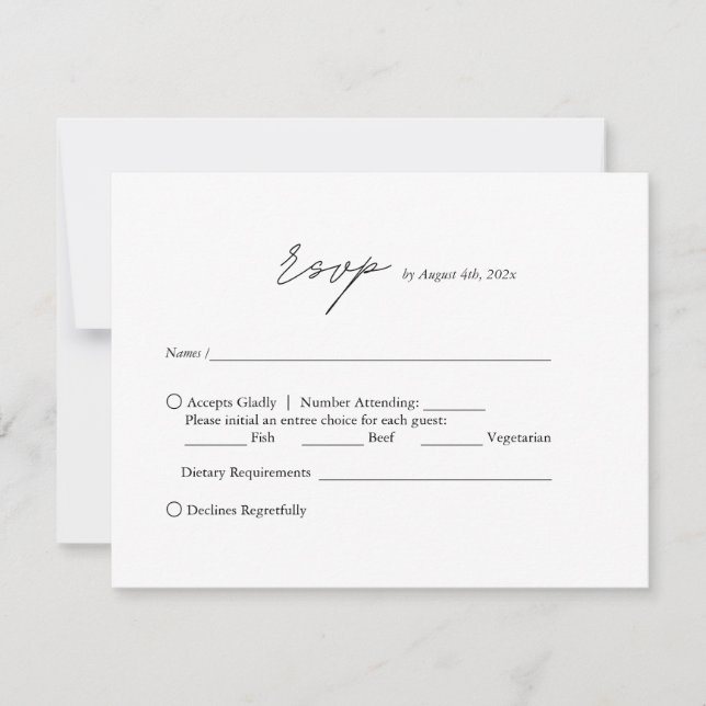 Modern minimalist  black and white script wedding RSVP card (Front)