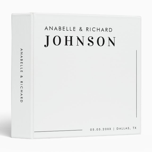 Modern Minimalist Black and White Simple Wedding 3 Ring Binder (Front/Spine)