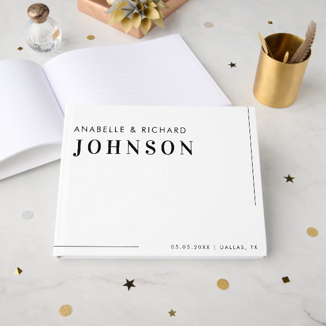 Modern Minimalist Black and White Simple Wedding Guest Book (Front Open)