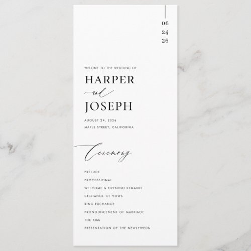 Modern Minimalist Black and White Unique Wedding Program