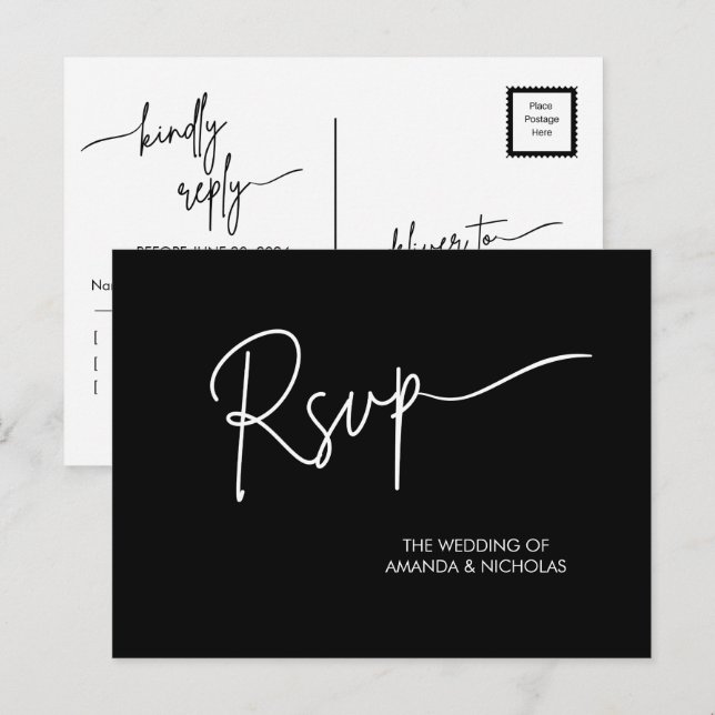 Modern Minimalist  Black and White Wedding RSVP  Postcard (Front/Back)