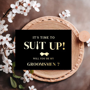 Modern Minimalist Black Asking Groomsman Proposal Foil Invitation Postcard