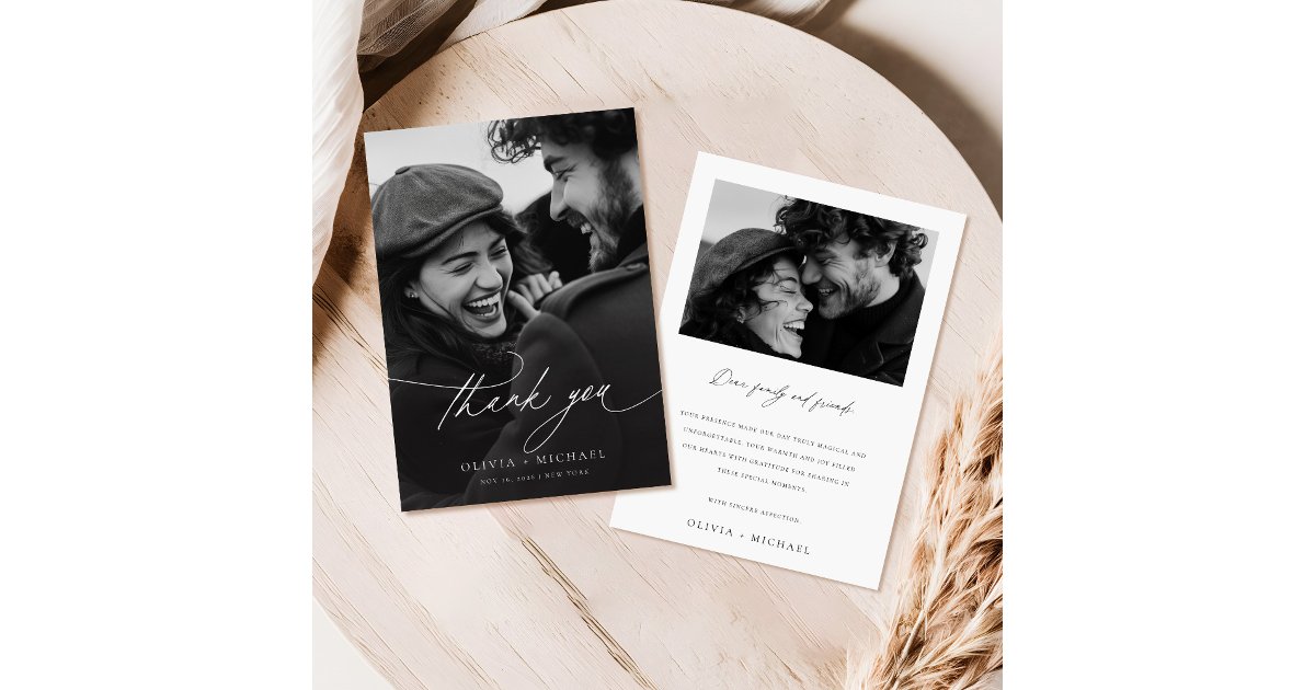 Modern Minimalist Black Calligraphy Photo Wedding Thank You Card | Zazzle