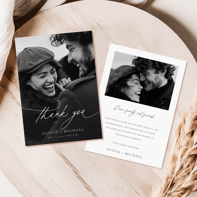 Modern Minimalist Black Calligraphy Photo Wedding Thank You Card (Creator Uploaded)