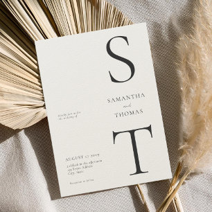 Modern Minimalist Black & Ecru Monogram Wedding Invitation