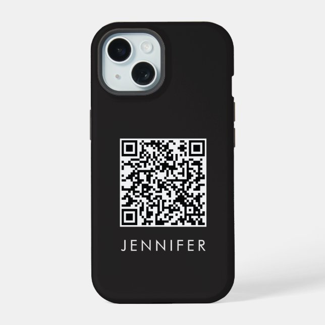 Modern Minimalist Black Executive QR Code Monogram iPhone 15 Case (Back)