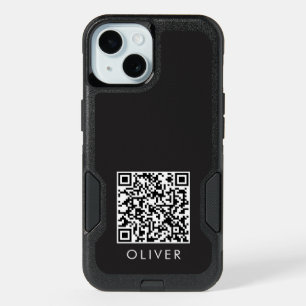 Modern Minimalist Black Executive QR Code Monogram iPhone 15 Case