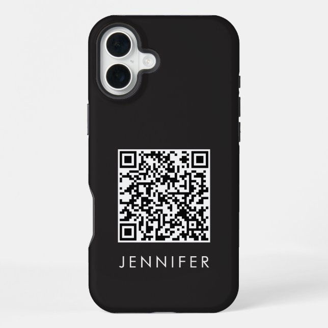 Modern Minimalist Black Executive QR Code Monogram iPhone Case (Back)